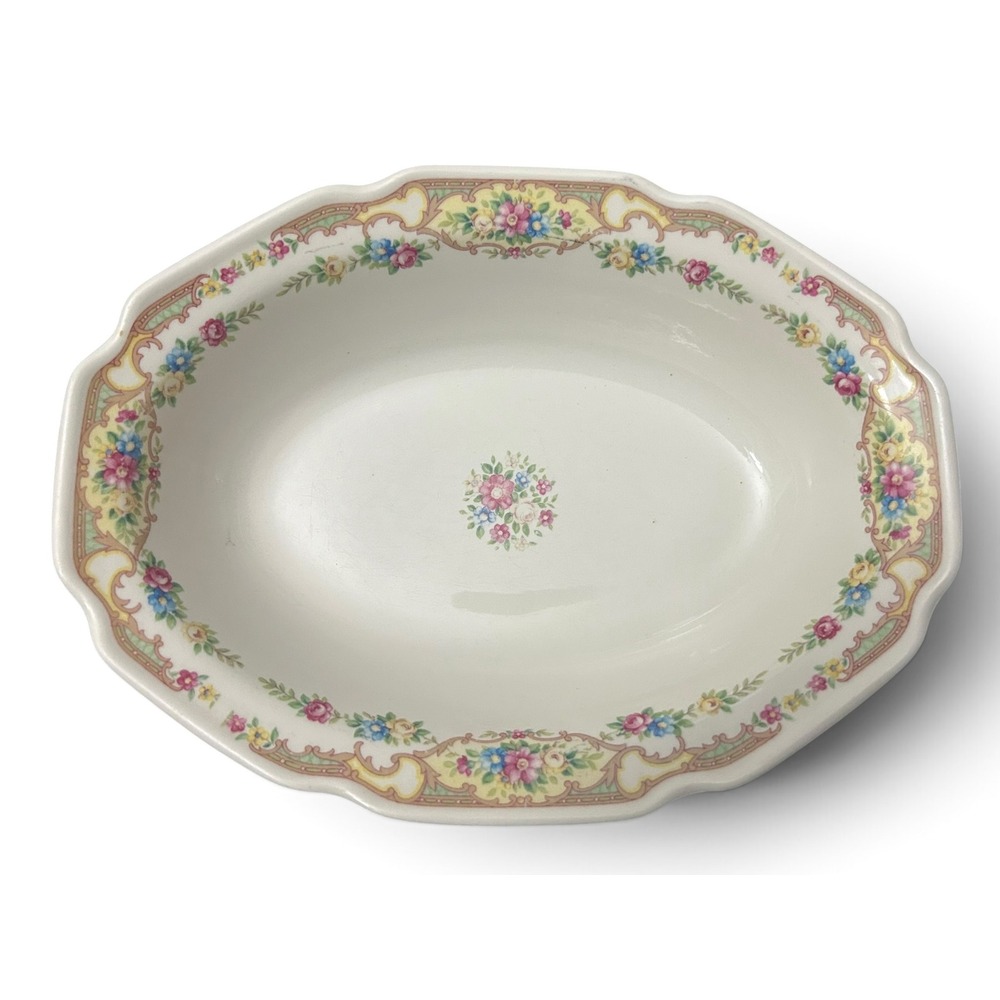 Vintage 1930s Mount Clemens Mildred 9" Oval Vegetable Bowl Scalloped Floral